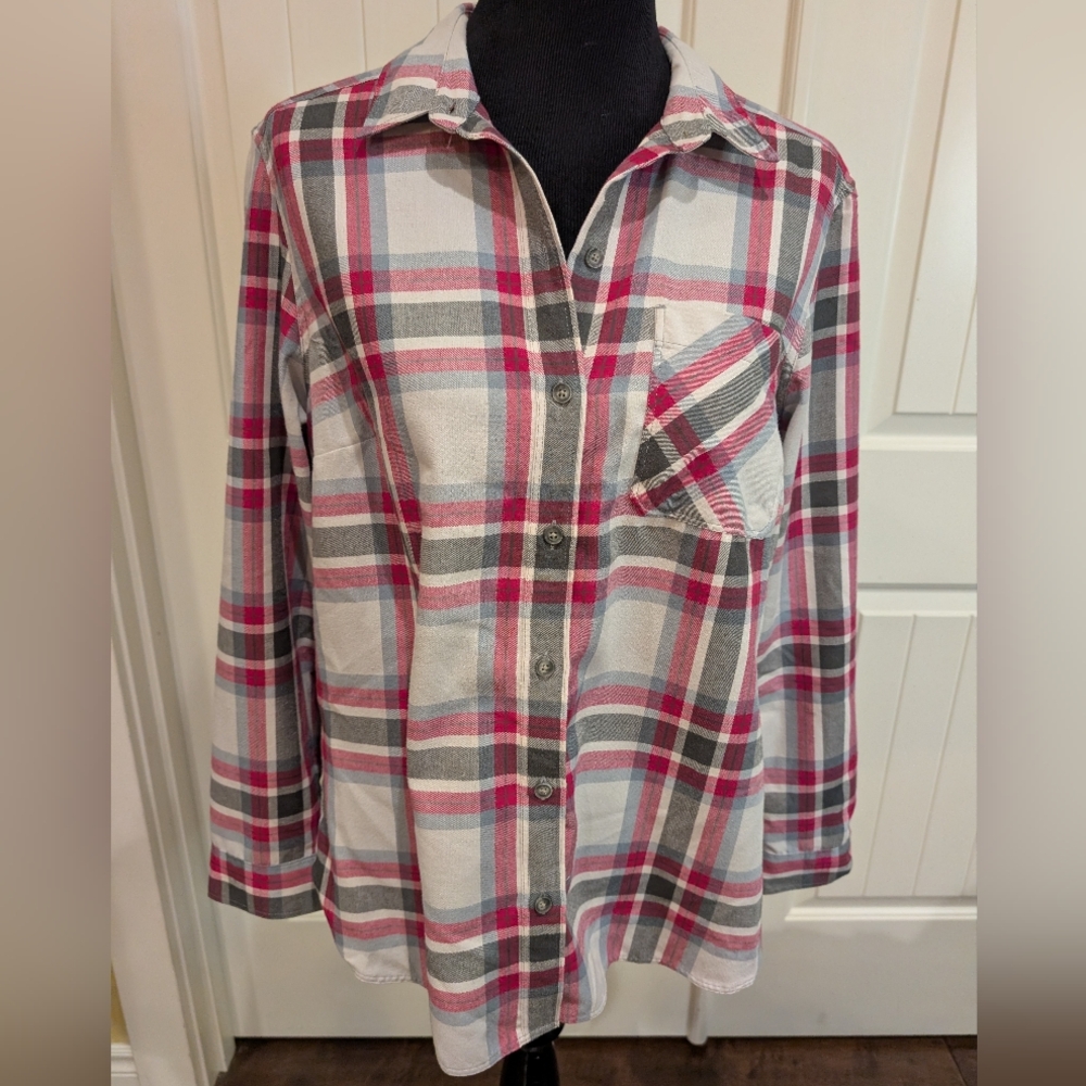 Eddie Bauer Raspberry Red and Gray Plaid Shirt